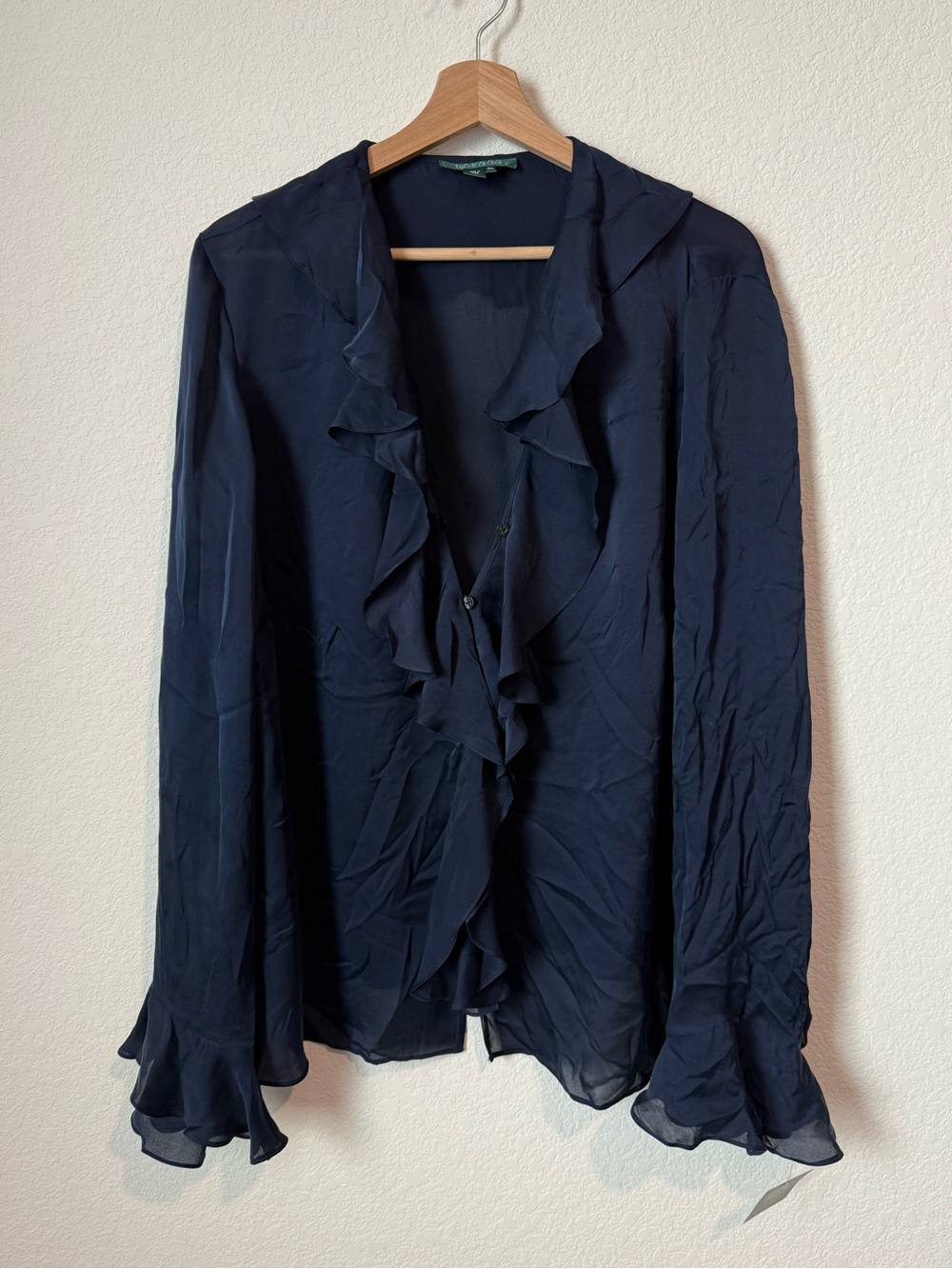 Silk Navy Ruffle V-Neck Blouse - Lauren Ralph Lauren